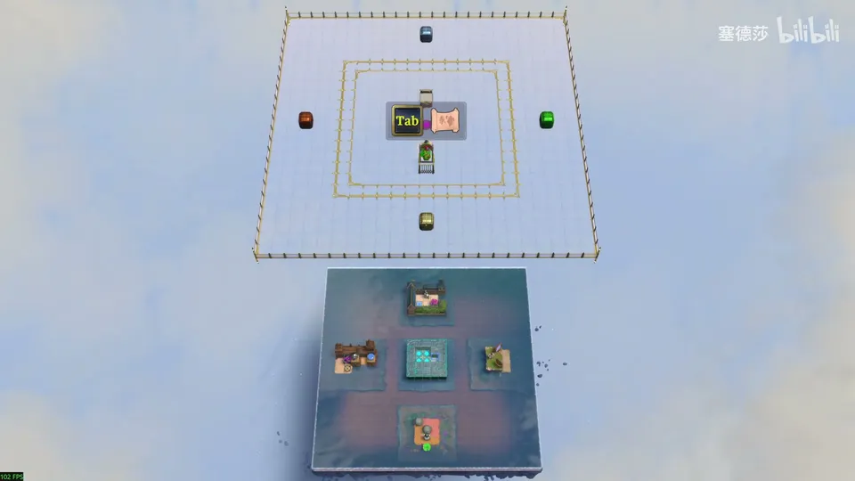 Endgame High puzzle 27: a white fenced platform with four coloured markers and nested frames, above a dark square holding four small world blocks