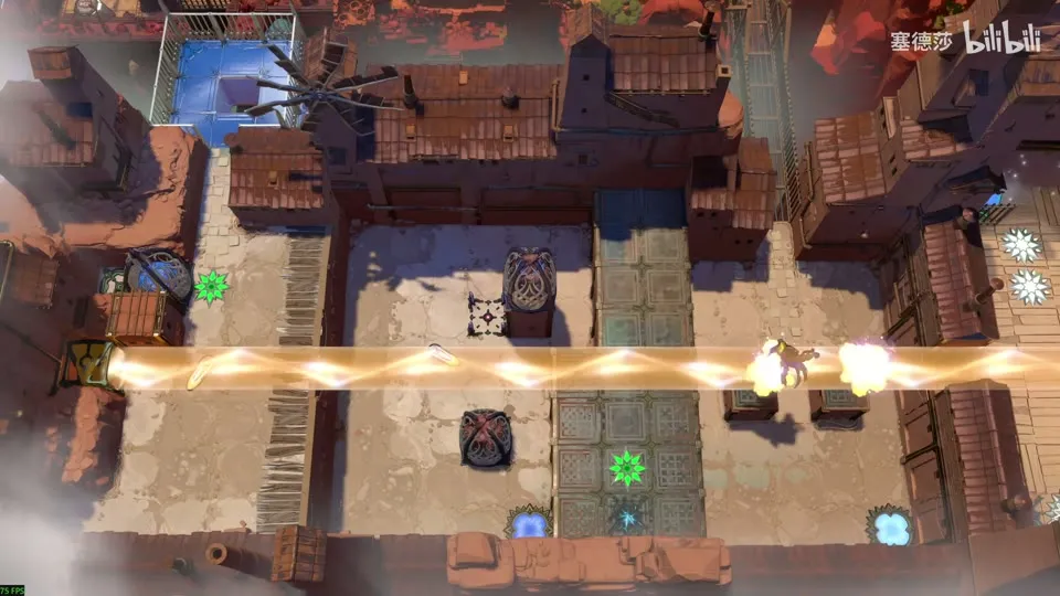 High Beamcasters overworld puzzle 1: rooftops and a courtyard with flower switches, a green gem and an orange beam running across the bottom