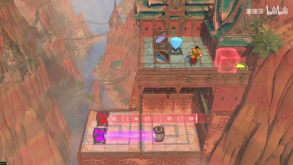 High Beamcasters overworld puzzle 10: a cliffside building, a red block on the upper floor and a purple beam on the lower floor beside a cart