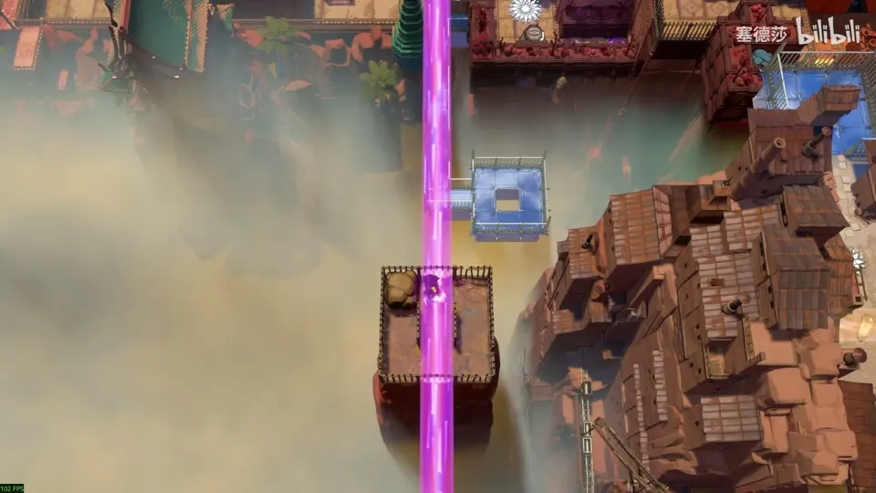 High Beamcasters overworld puzzle 11: a purple beam dropping past a rock pillar with a blue-and-white block, high above the clouds
