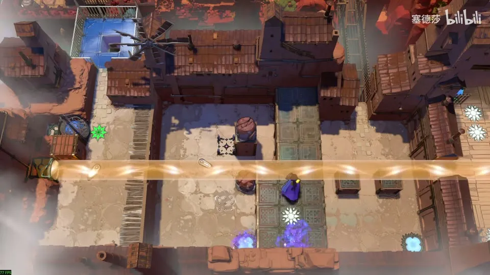 High Beamcasters overworld puzzle 2: a town of rooftops with a windmill, an orange beam along the bottom and a hooded figure in a purple glow