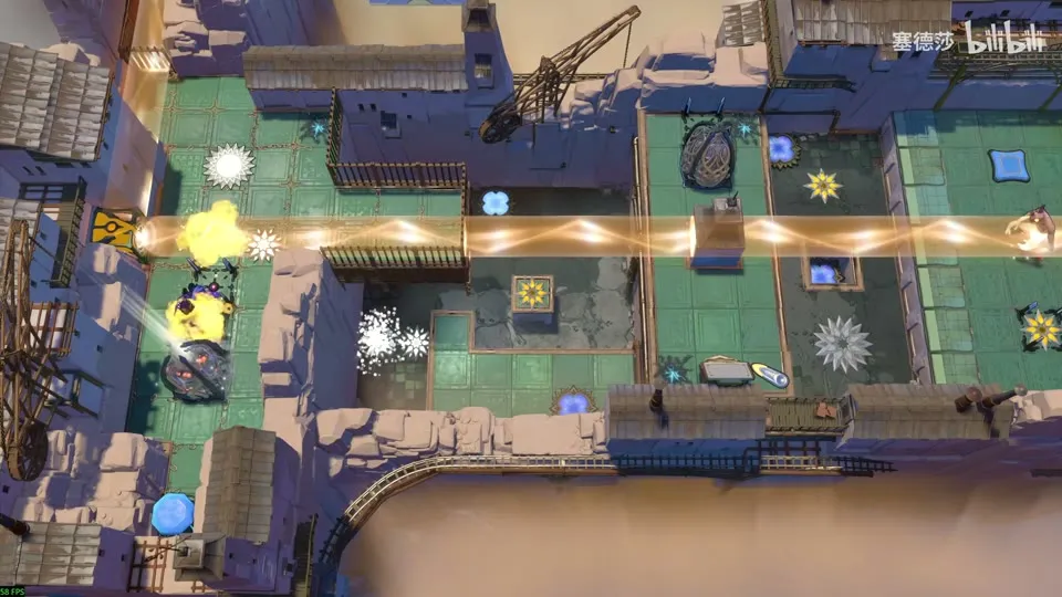 High Beamcasters overworld puzzle 3: green-tiled courtyards and walls with flower switches, an orange beam and a blue gem at the bottom left