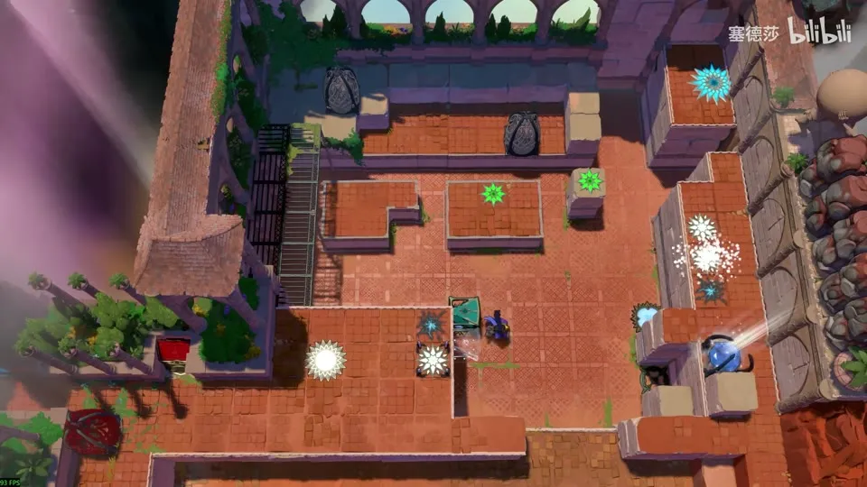 High Beamcasters overworld puzzle 4: walled ledges with white flower switches, gems and a cyan emitter, your hooded overworld character at the bottom