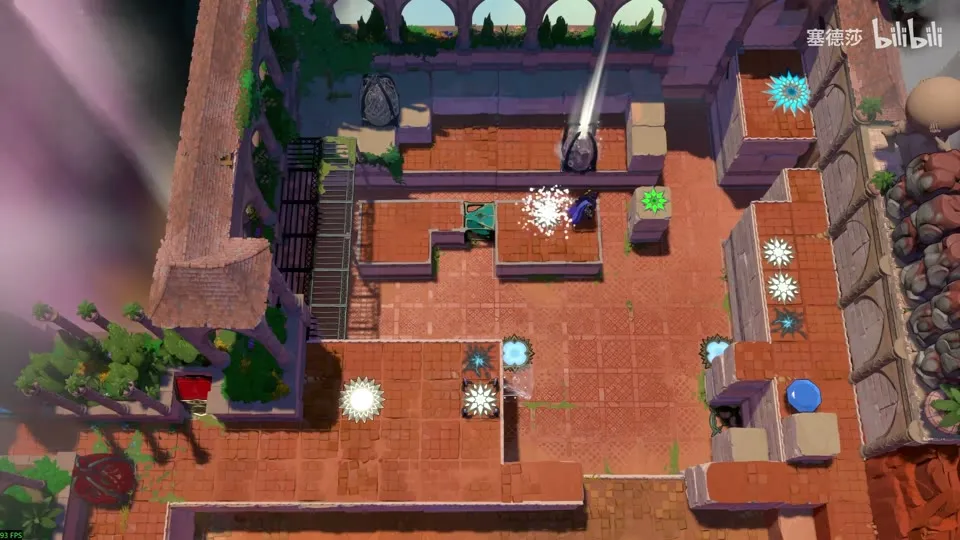 High Beamcasters overworld puzzle 5: the same walled ledges, a white beam shining down at the top and flower switches along the right