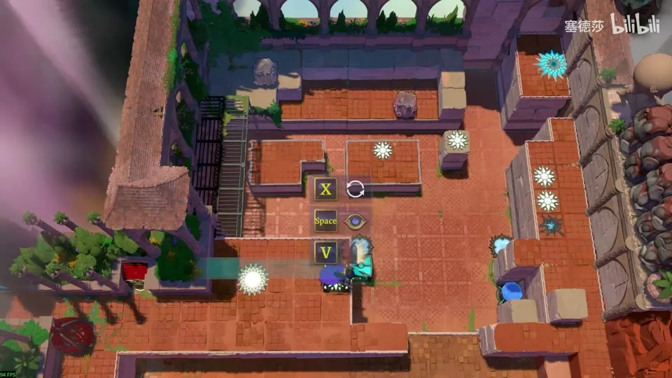 High Beamcasters overworld puzzle 6: the courtyard from above with stacked stones and on-screen button prompts beside a cyan emitter