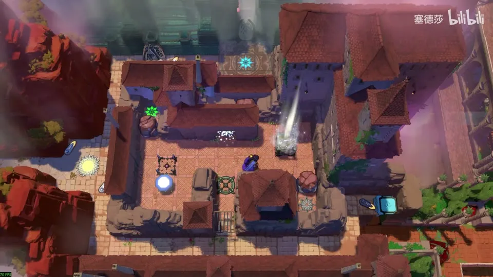 High Beamcasters overworld puzzle 7: rooftops and walls with a green gem, a cyan sparkle and a laser emitter beside a small pit