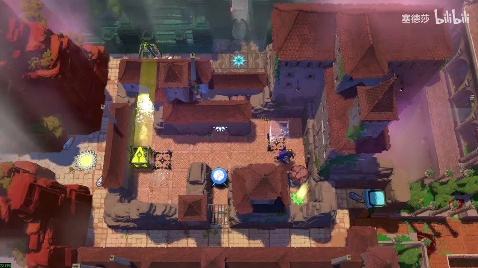 High Beamcasters overworld puzzle 8: rooftops with a yellow emitter, a green gem and stone blocks