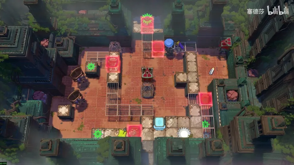 High Beamcasters overworld puzzle 9: dark green ruins with red blocks, cages, goblins and a green gem
