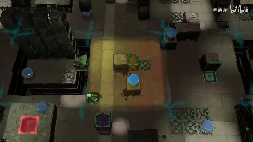 High Beamcasters puzzle 1: a dark two-level pocket world with blue gems on stone blocks, a red block and teal beam markers
