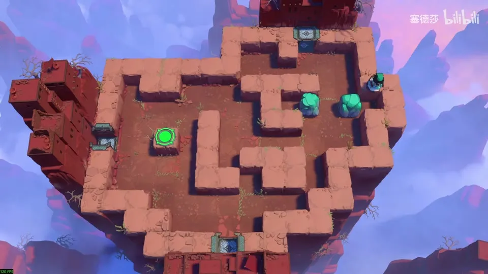 High Beamcasters puzzle 2: a maze of raised sandstone walls on a floating rock, two green crystals, a green pad and elevator markers