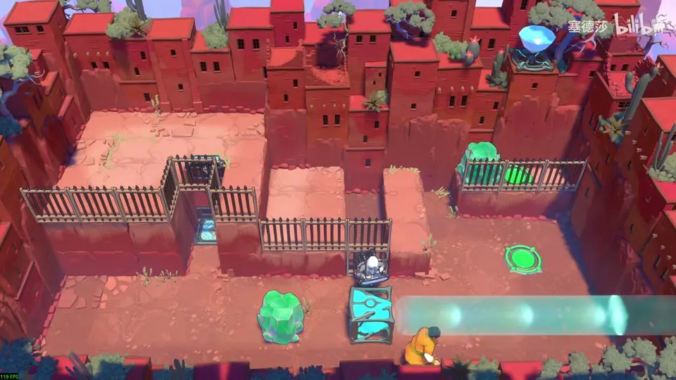 High Beamcasters puzzle 3: a red walled courtyard with fences and cages, green crystals, a cyan emitter and beam, a hero in orange at the bottom right