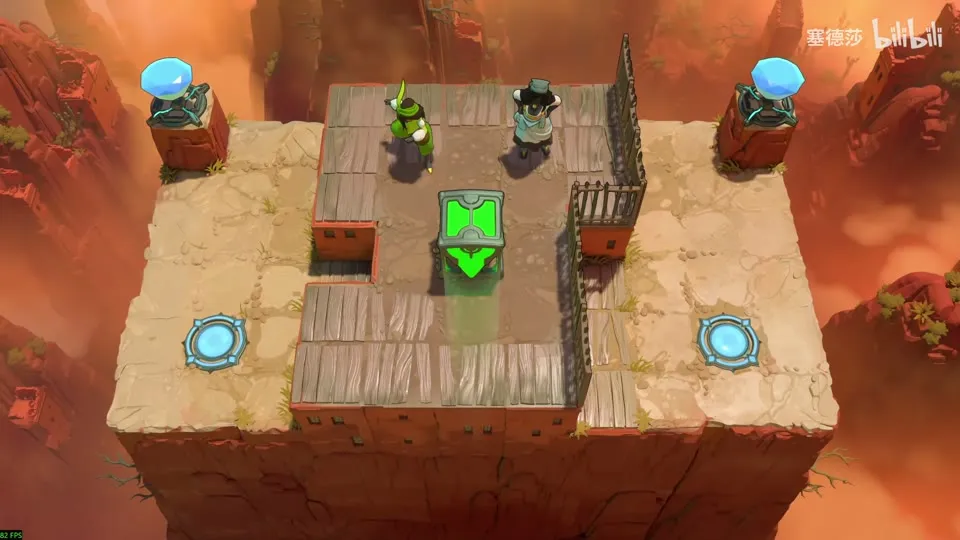 High Beamcasters puzzle 4: a wooden platform on a rock pillar with a green emitter in the middle, two heroes at the back and two gems on posts