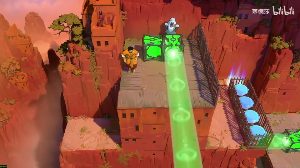 High Beamcasters puzzle 5: a red rock ledge with a green beam running down the wall, two green emitters, a hero in orange and a row of blue gems behind a fence