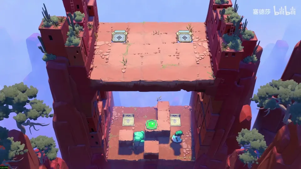 High Beamcasters puzzle 6: a red rock arch with a raised platform on top, two elevator plates, a green pad below and two crystals