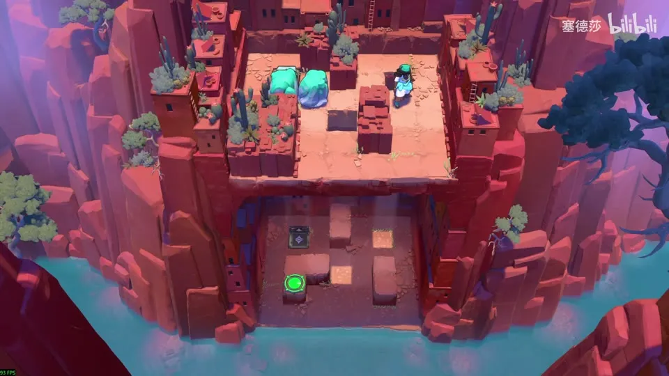 High Beamcasters puzzle 7: a red cliff block with an upper deck and a lower floor over blue water, a green pad below and two crystals above