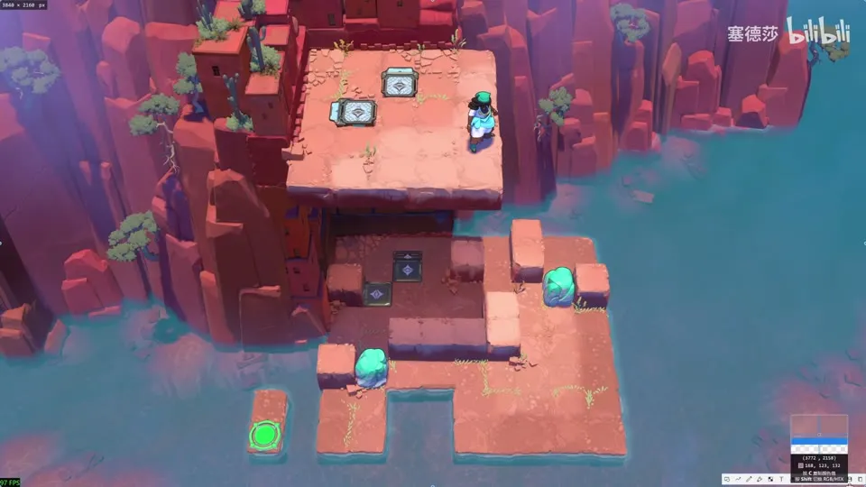High Beamcasters puzzle 8: a red rock island with an upper deck and a lower floor at the water's edge, two crystals, a green pad and a hero