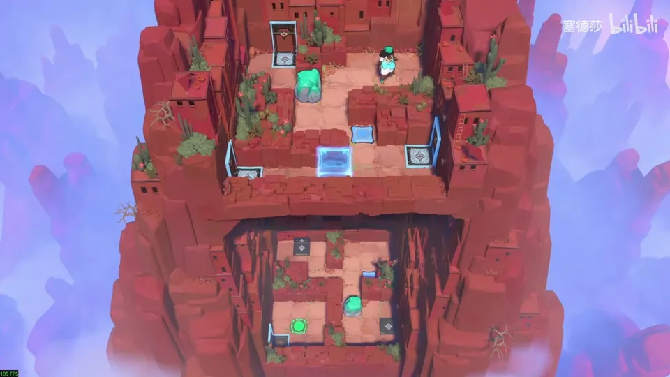 High Beamcasters puzzle 9: a deep red rock pit with blue glass blocks, a crystal and a hero on the upper level and a green pad below