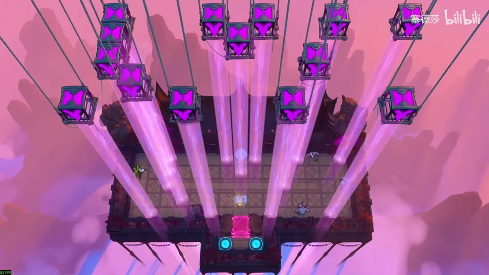 High Beamcasters puzzle 10: a dark platform under a sky full of hanging purple emitters, many purple beams falling onto it, a pink block and cyan pads