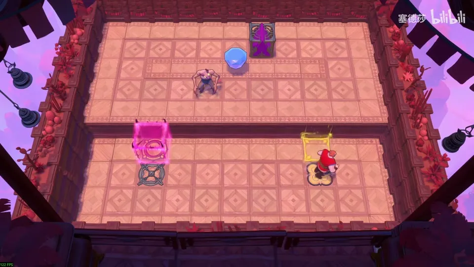 High Beamcasters puzzle 12: a pale tiled hall with a purple emitter, a gem, a grey goblin, a pink block and a yellow block, a red-robed hero at the bottom right