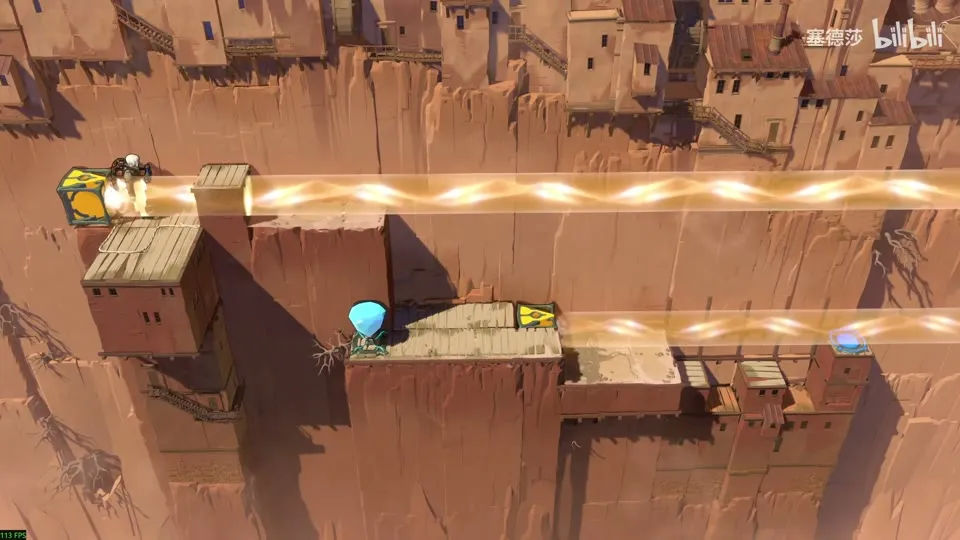 High Beamcasters puzzle 13: sandstone cliffs with two orange beams, a hero at the top left beside an orange emitter and a blue gem below