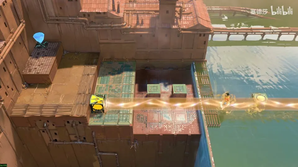 High Beamcasters puzzle 14: a sandstone platform at the water's edge with an orange beam, a blue gem on a block and a hero mid-jump