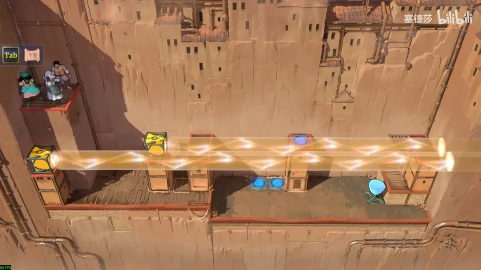 High Beamcasters puzzle 15: a long orange beam along a sandstone wall, emitters and blue pads, three heroes on a ledge at the top left