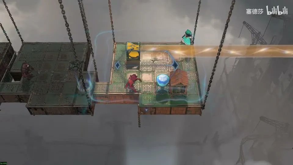 High Beamcasters puzzle 16: a stone platform hanging on chains, an orange beam, a goblin, a red monster and a gem