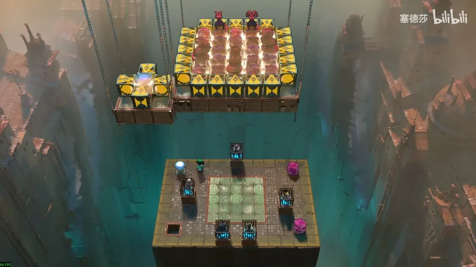 High Beamcasters puzzle 17: a grid of yellow orange emitters with red dragons hanging above a platform where heroes sit in cages
