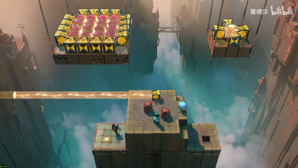 High Beamcasters puzzle 18: a 4-by-4 grid of stones held in orange emitters above, a lower platform with heroes and a gem