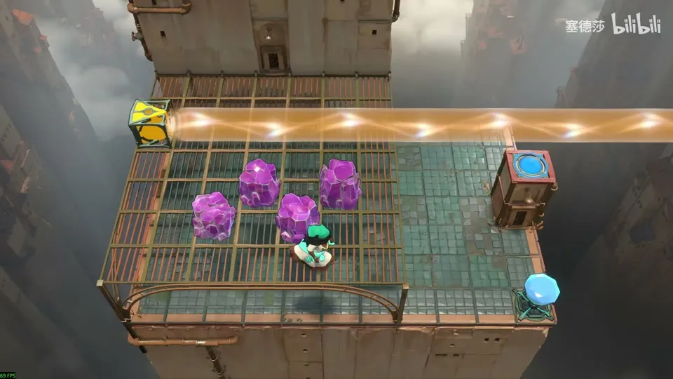 High Beamcasters puzzle 19: a metal grate platform with purple crystals, a hero, an orange beam along the top and a tall block with a blue pad