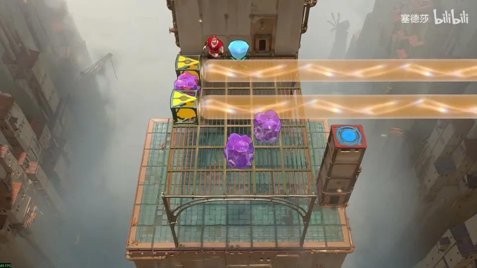 High Beamcasters puzzle 20: a grate platform with purple crystals, a red monster at the top, two orange beams on the left and a tall block with a blue pad