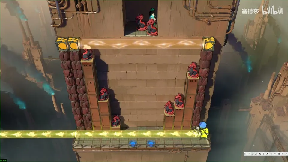 High Beamcasters puzzle 21: a deep sandstone shaft with red dragons on stone pillars, orange emitters at the top and a yellow beam along the bottom
