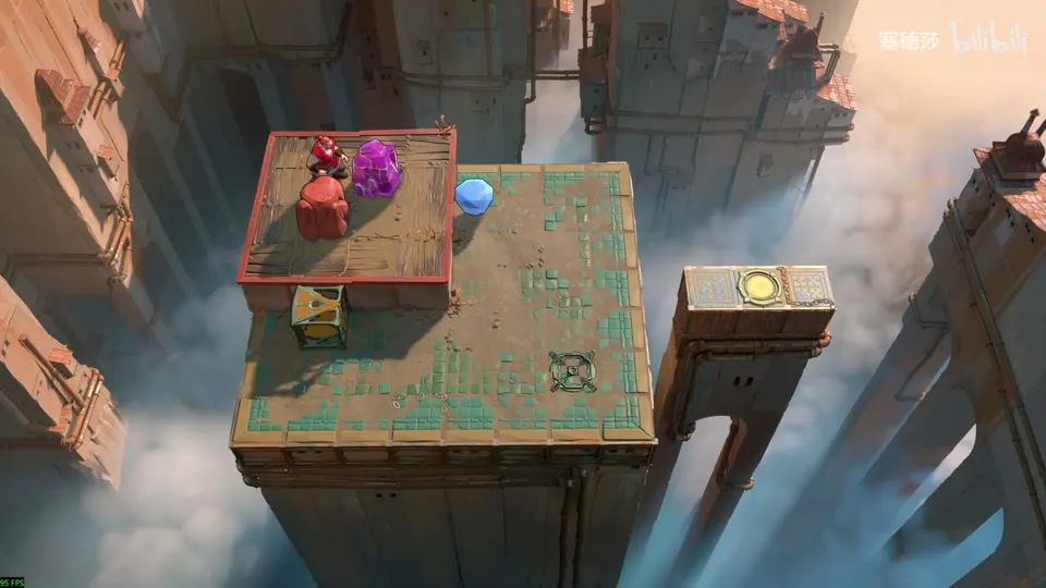High Beamcasters puzzle 22: a tall stone tower above the clouds with a red monster and purple crystals on a ledge, a gem and a pad on a separate pillar