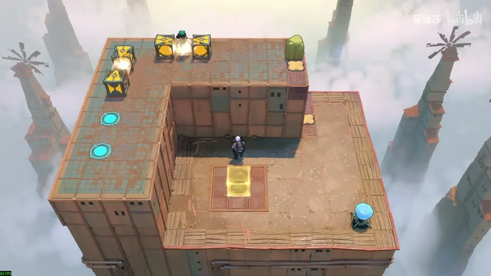 High Beamcasters puzzle 23: an L-shaped rooftop above the clouds, orange emitters along the top edge, a yellow block, a gem and the Explorer below