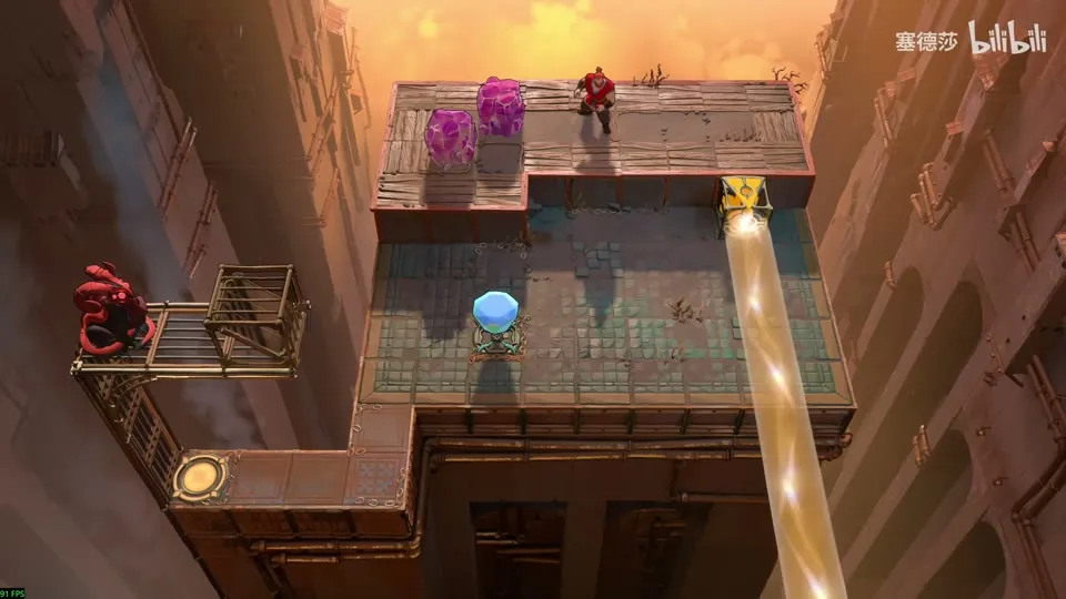 High Beamcasters puzzle 24: pink crystals and a red monster on an upper ledge, a gem on a post, an orange beam on the right and a dragon on a cage at the left