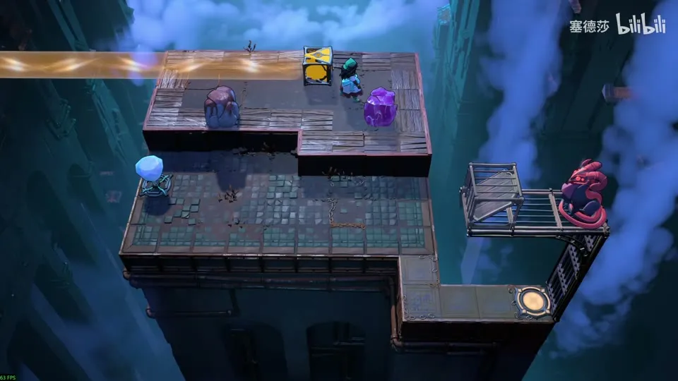 High Beamcasters puzzle 25: a dark slab at night with purple crystals, a gem on a post, an orange beam from the top left and a dragon on a cage at the right