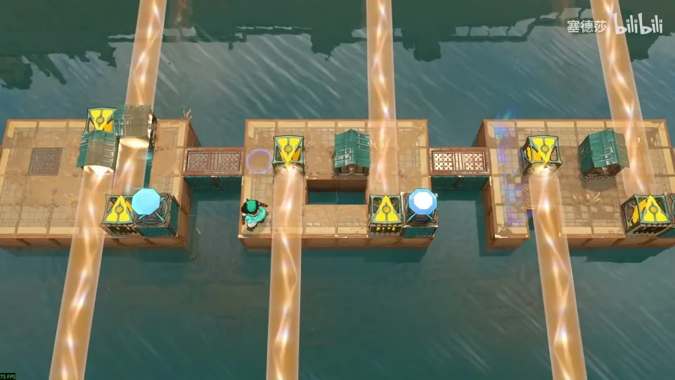 High Beamcasters puzzle 26: three small platforms over water joined by bridges, yellow orange emitters, orange beams and a gem