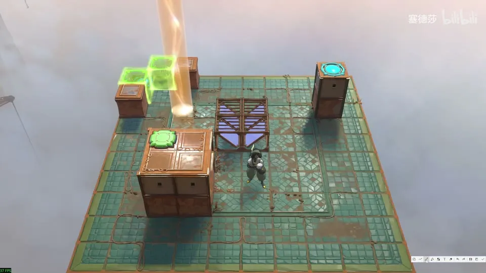 High Beamcasters puzzle 27: a tiled platform in the clouds with green blocks, mirrors and an orange beam falling from above, a hero in the middle