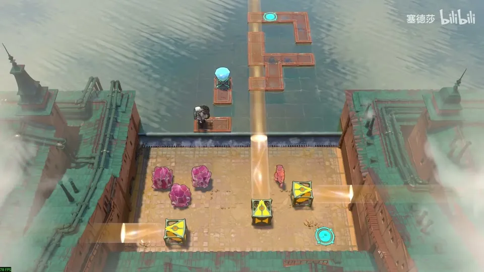 High Beamcasters puzzle 28: a walled pool beside a waterfall with pink crystals, orange emitters and a beam rising from the water, a hero on a walkway