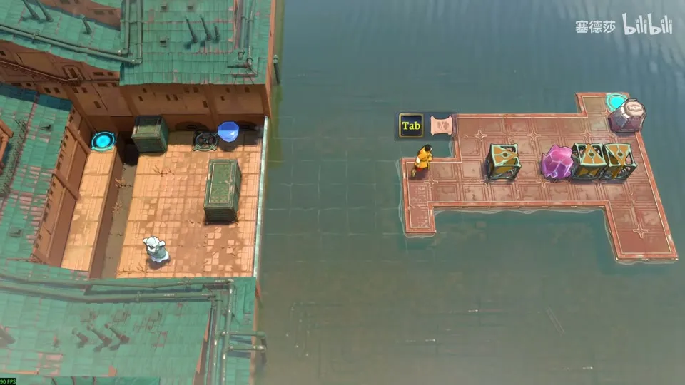 High Beamcasters puzzle 29: a stone causeway over water with orange emitters, a pink crystal, a gem and a hero, next to a stone building on the left