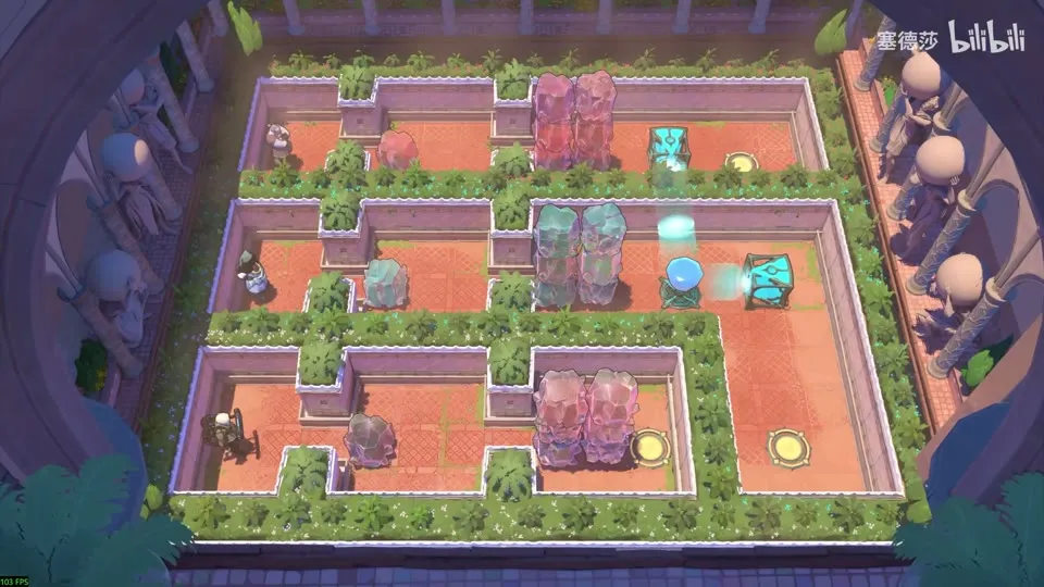 High Beamcasters puzzle 30: a walled garden split into three lanes, with stacked crystals, cyan emitters and round yellow pads