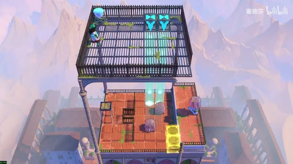 High Beamcasters puzzle 31: a caged roof with two cyan emitters on top, crystals and a yellow block on the tiled floor below