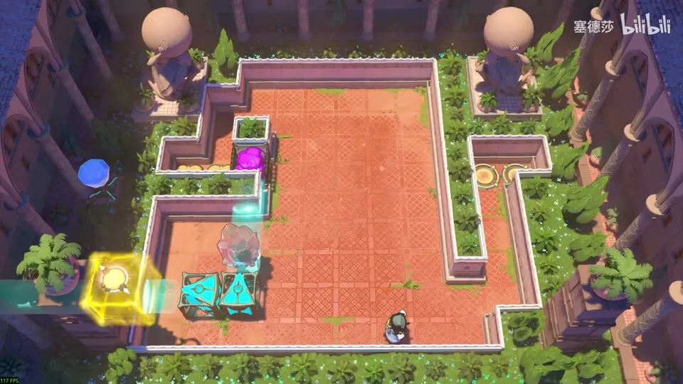 High Beamcasters puzzle 32: an L-shaped walled garden with a yellow block at the bottom left, two cyan emitters, a crystal and the Explorer at the bottom