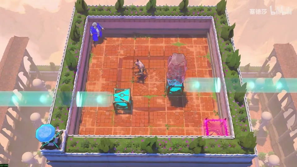 High Beamcasters puzzle 33: a square walled courtyard with the Wizard at the top left, a goblin in the middle, stacked crystals and two cyan beams