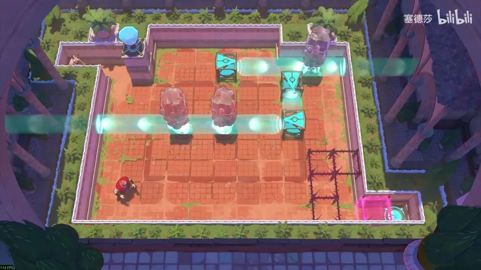 High Beamcasters puzzle 34: an L-shaped walled court with two cyan beams, crystals, cyan emitters, a red monster at the bottom left and a caged pink door at the bottom right