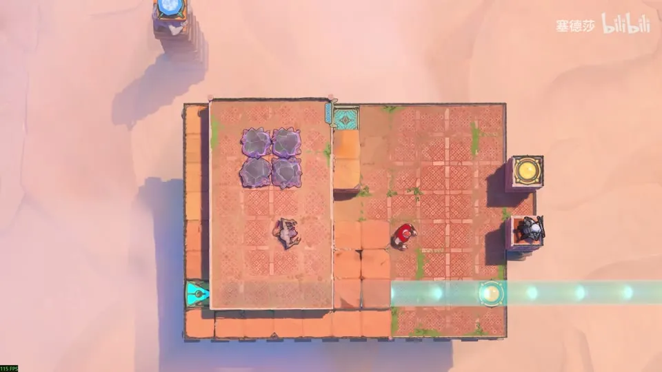 High Beamcasters puzzle 35: a platform above the clouds with four grey crystals, a goblin, a red monster, round yellow pads and a cyan beam along the bottom