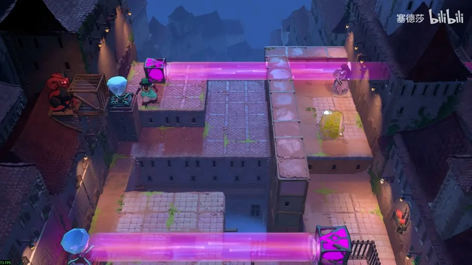 High Beamcasters puzzle 36: a dark stone hall crossed by two purple beams, a red dragon in a cage at the top left and a yellow crystal on the right