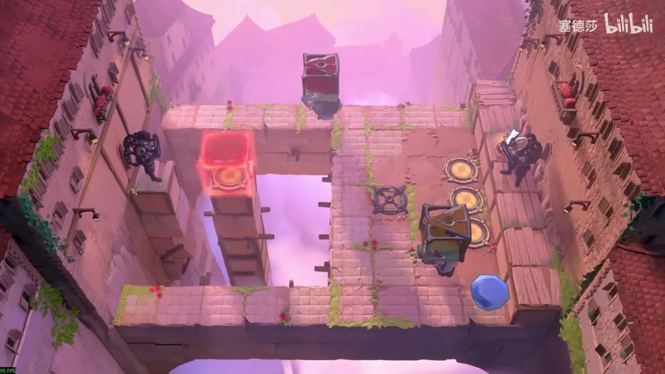 High Beamcasters puzzle 37: a stone bridge over a drop with a red block in the middle, two Sailors with lasers and gold pressure plates on the right