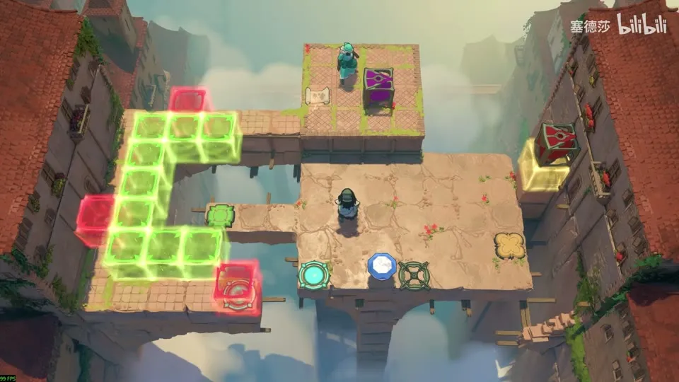 High Beamcasters puzzle 38: floating stone platforms, a green L-shaped block wall with red blocks on the left, a hero with a purple emitter on the top platform