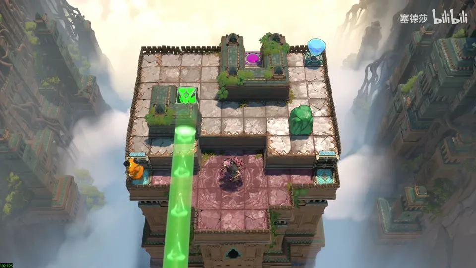 High Beamcasters puzzle 39: a stone tower top with a green beam running down, a goblin and an orange-robed hero